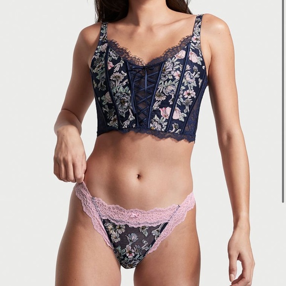Victoria's Secret Other - Victoria’s Secret Dream Angels Small Corset Lace Up Panty Set Blue Floral NWT